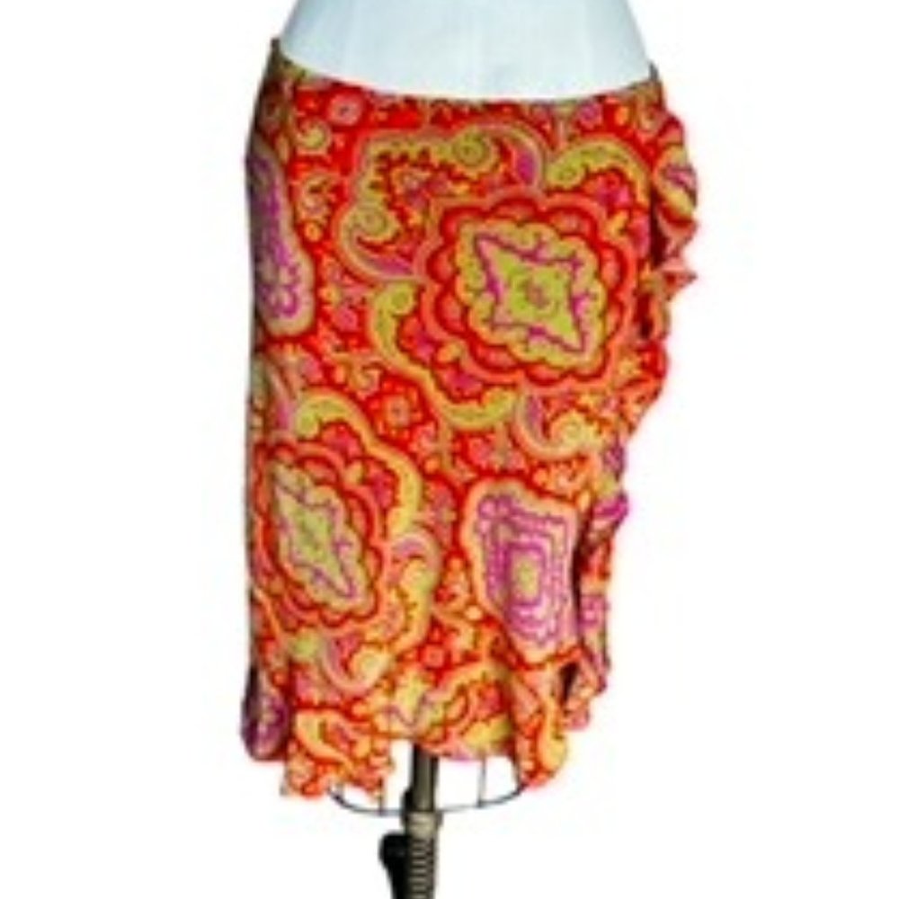 Poleci Orange, Purple & Green Silk Skirt - Size M